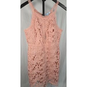 Pink Lace Shift Dress Sz M Floral Crochet Romantic Wedding Guest Garden Party